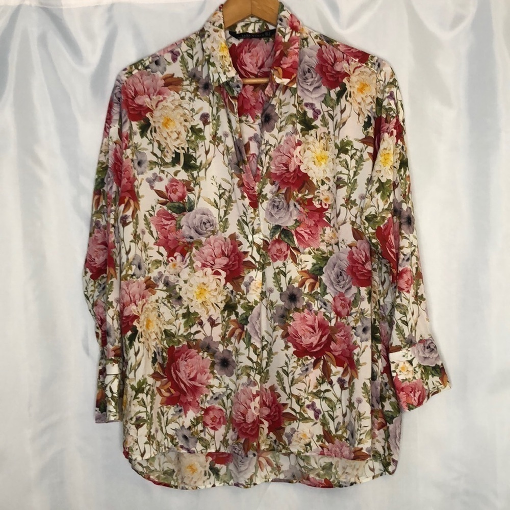 Zara Woman Top Womens Multicolor Floral Tunic Blouse Long Sleeve V Neck Size S